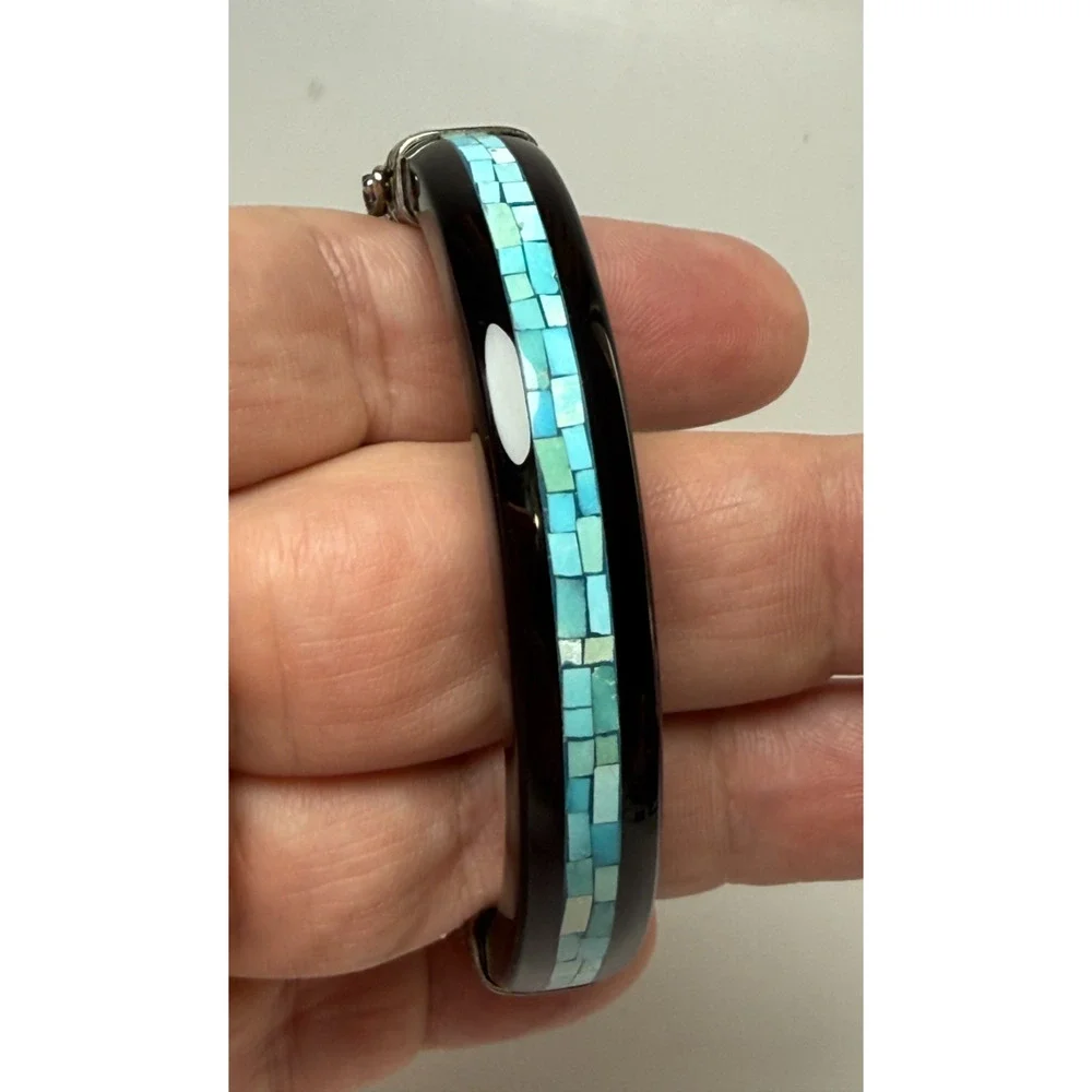 Jay King Desert Rose Trading DTR Mosaic Turquoise Black Agate Hinged Bangle 925
